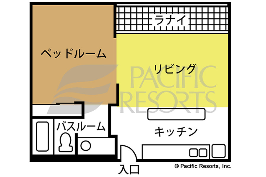 リビングとベッドルームの間仕切りは開放できるアコーディオンカーテンです